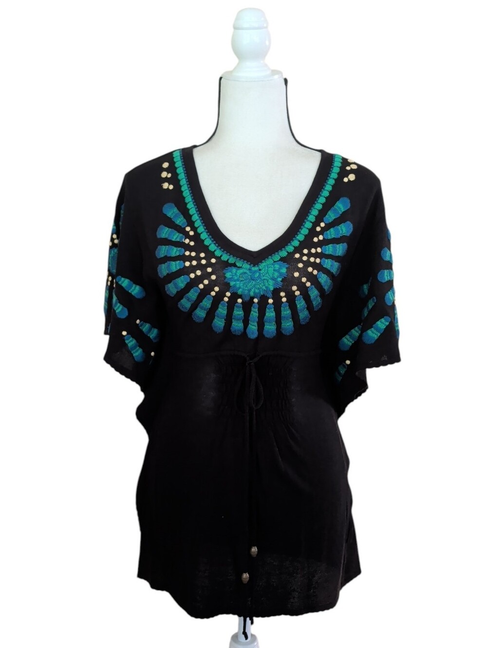Arden B. Embroidered Whimsigoth Peacock Tunic Cover Up Top XS Black Blue Green - Picture 3 of 13